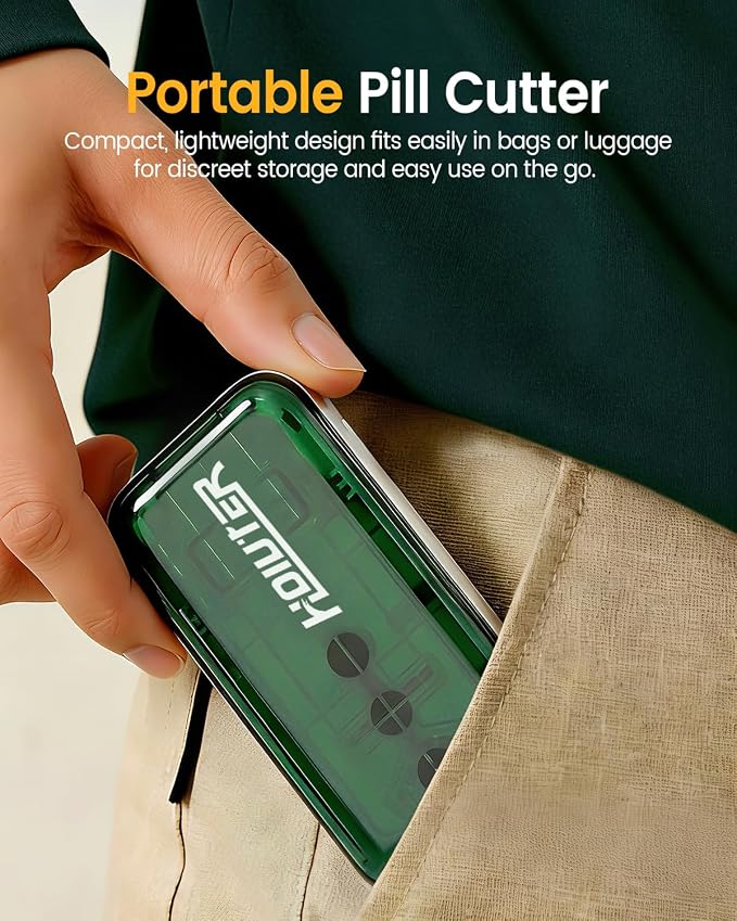 Professional Pill Cutter for Small Pills, 3-in-1 Pill Cutter Splitter for Small or Large Pills-Safely Cuts 1/2, 1/3, and 1/4 Multiple Pills Splitter, Adjustable Pill Cutter with Storage Box (Green)