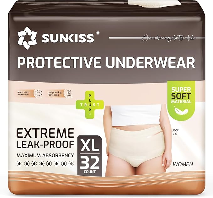 SUNKISS Women Incontinence Underwear, Daytime Disposable Postpartum Adult Panties, Protective Pull Ups with Maximum Absorbency, XLarge, Beige, 32 Count