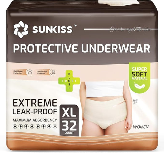SUNKISS Women Incontinence Underwear, Daytime Disposable Postpartum Adult Panties, Protective Pull Ups with Maximum Absorbency, XLarge, Beige, 32 Count