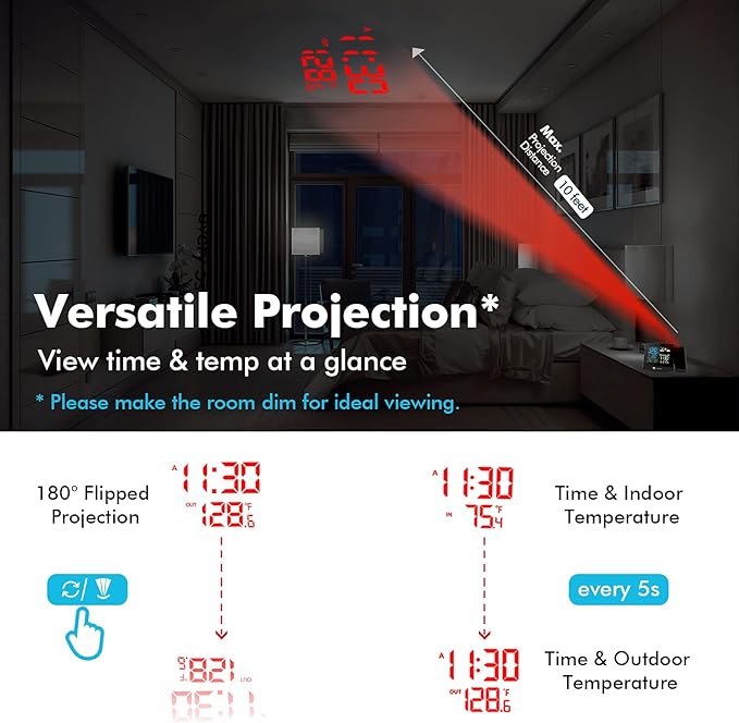 DR.PREPARE Projection Alarm Clock, Digital Clock Projector on Ceiling with Indoor/Outdoor Temperature Display, Dual Alarms, Colored Backlight, Weather Forecast, and Battery Backup for Bedroom