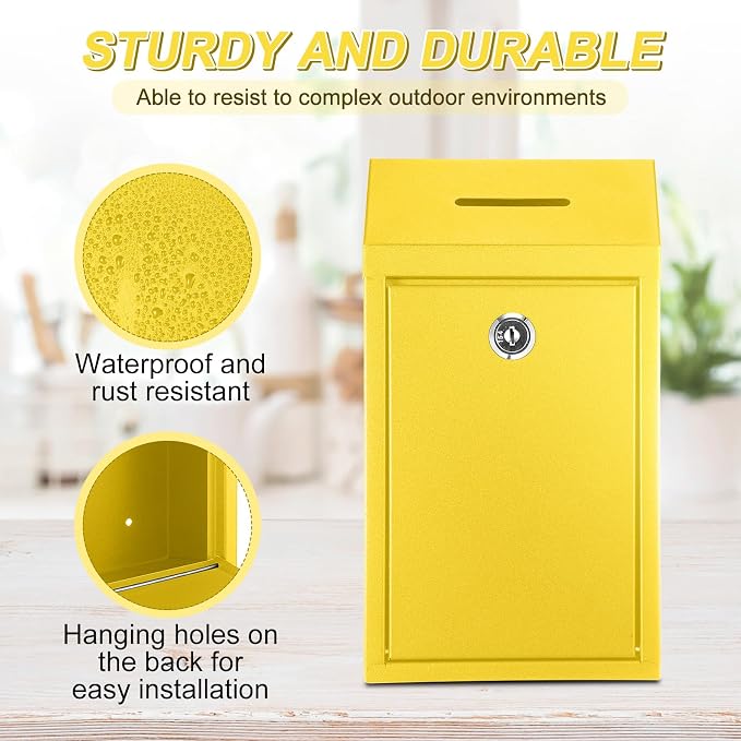 Yaocom Metal Money Box,Yellow,10.24 x 5.71 x 2.95 Inch,No Lid | Wall Mounted Drop Donation Cash Box for Farm Stand Collection Safe Suggestion Box with Lock Container for Home Office Outdoor