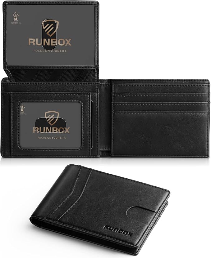 RUNBOX Wallet for Men -Slim Rfid Leather Mens Bifold Novelty Wallets 2 ID Window With Gift Box Men's Accessories | Minimalist Front Pocket Design, Holds 15 Cards, Large Capacity with Cash Pocket,Compact and Thin, Birthday Gifts for Men