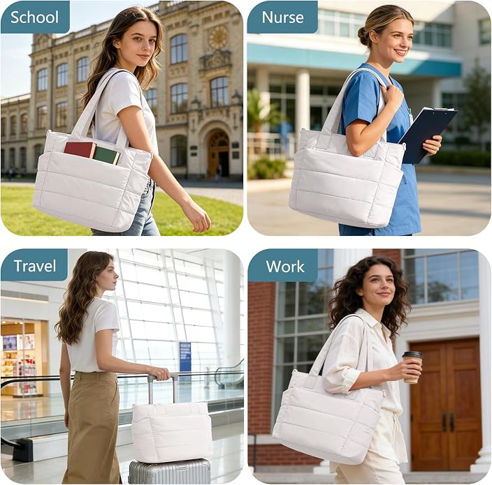 Puffer Tote Bag for Women Quilted Nurse Bag Lightweight Work Bag for Teacher Travel Handbag with Multiple Pockets