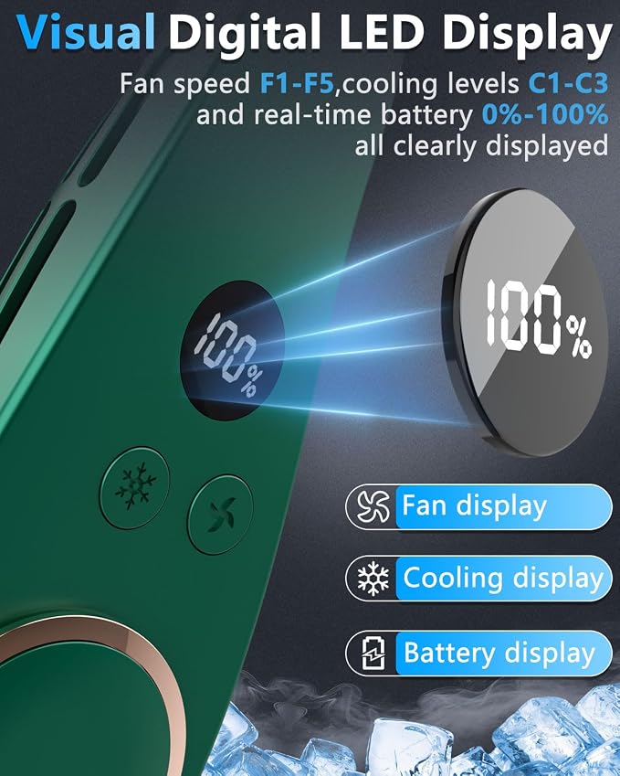 Neck Fan with Cooling Plate-24H Quiet Powerful Fans that Blow Cold Air-5 Speed&Power LED Display-USB 5500mAh Bladeless Wearable Personal AC Cooler for Women,Men,Kids,Travel,Outside,Indoor Green