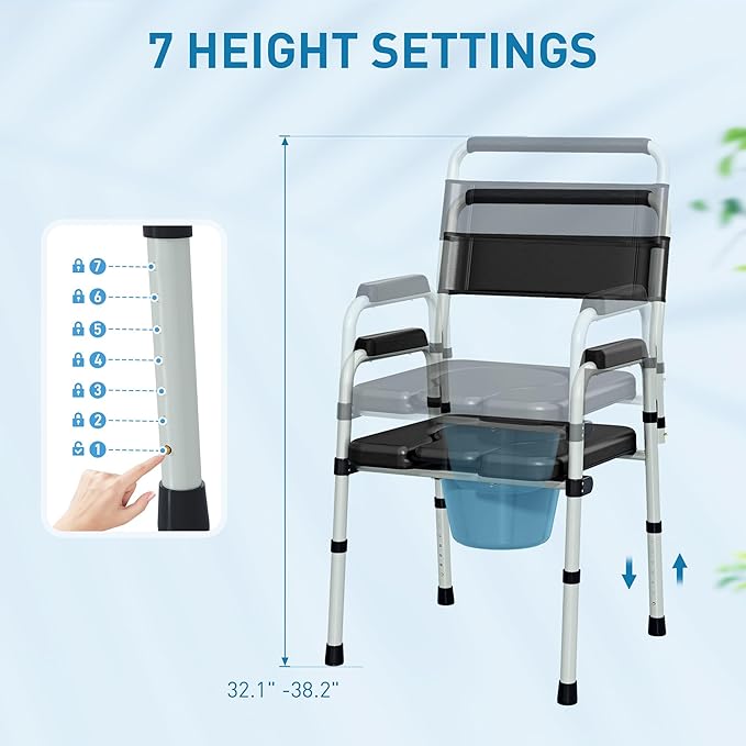 HOMCOM 4 in 1 Bedside Commode Shower Chair Portable Toilet Raised Toilet Seat with Handle for Seniors, Adults, Handicap, Adjustable Height, Black