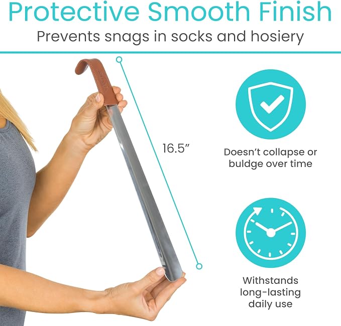 Vive Long Shoe Horn - Metal Shoehorn for Men, Women, Kids, Travel, Boots - Dress Assist, Large Extended Mobility Reach Stainless Steel Leather Handle - Handicap, Elderly Senior, Pregnancy (16.5 Inch) | Dress Assist, Large Extended Mobility Reach Stainl...