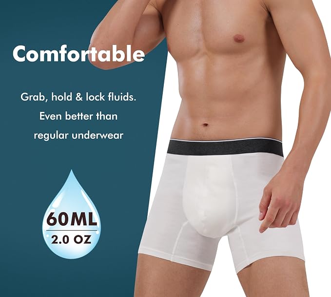AIRCUTE Washable Absorbency Incontinence Underwear for Men, 6" Inseam Urinary Protective Boxer Briefs for Bladder Leaks 60ML (Large, White)
