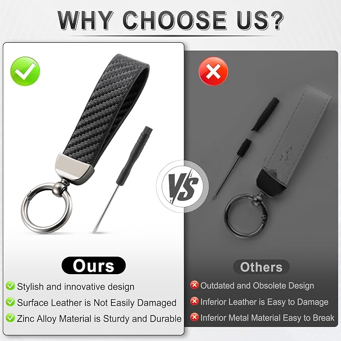 JUSTTOP Leather Keychain, Carbon Fiber Car Key Chain with Anti-Lost D-Ring and 2 Key Ring, Keychain Wristlet, Car Accessories, Universal Keychain for Men and Women (Black)