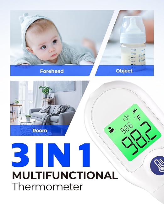 Femometer Forehead Baby Thermometer for Adults & Kids, Portable Min | Non-Contact, 30-Memory Recall, Fever Alarm, 3 Color Backlight, Mute Mode, Fast & Accurate Reading, LCD Display