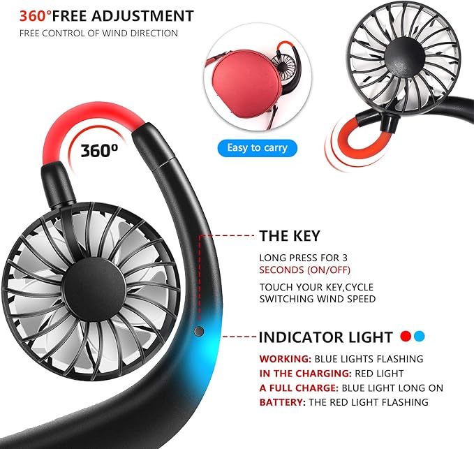 Haomaomao Portable Neck Fan 2500 mAh Rechargeable USB Hands-Free Mini Face Cooling Personal Double Headed Rotatable Small Fan for Working Office Reading Traveling Outdoor Sport