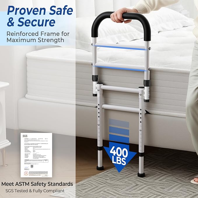 KingPavonini Bed Rails for Elderly Adults Safety 2026 Upgrade, ASTM-Approved Bed Rails for Seniors with Anti-Wobble Adjustable Feet, 400lb Bed Cane, Non-Slip Handle & Storage Bag, No-Tools, Model GS04