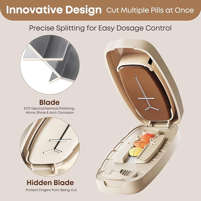 Pill Cutter Splitter for Small & Large Pills – Adjustable Tablet Cutter Divider (1/2, 1/3, 1/4) | Easy Accurate Pill Splitter, Safe Hidden Blade, for Seniors, Pets, Vitamins & Daily Medication