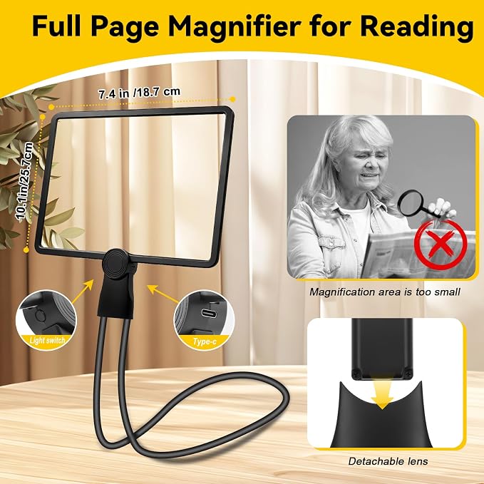 10X Large Magnifying Glass with Lights for Reading,Full-Page Magnifier for Reading Rechargeable 50 LED Lights,Neck-Wear Magnifying Glass with Light, Close Work, Sewing, Low Vision, and Seniors