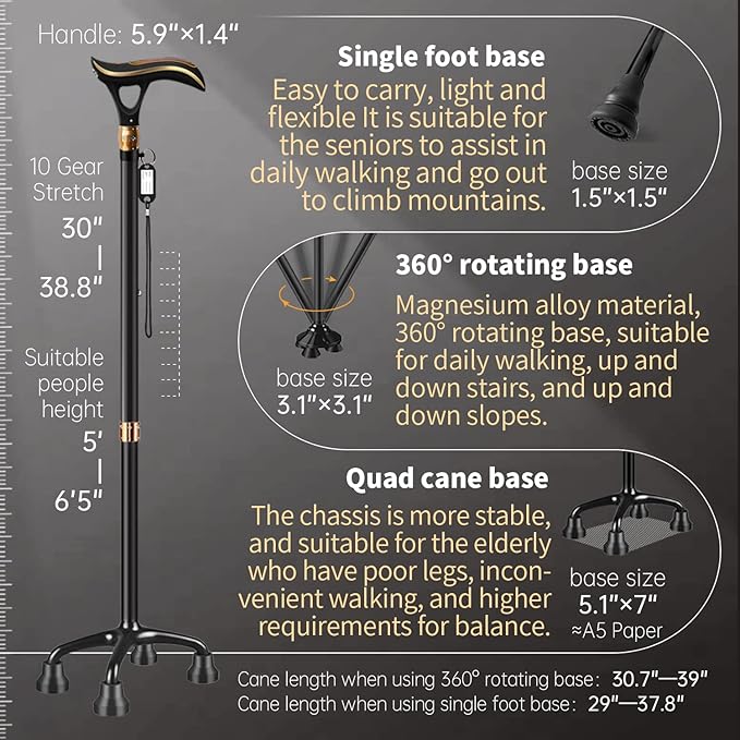 Smart Alarm Walking Cane for Men & Women, Telescopic and Adjustable Walking Sticks for Seniors, USB Direct Charge, with LED Light, One Cane for Three Purposes, Light and Stable