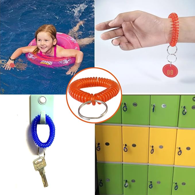 10 Pieces Wrist Coil Keychain Spiral Key Ring, Clear Red | Wristband Bracelet Key Holder for Pool Gym ID Badge