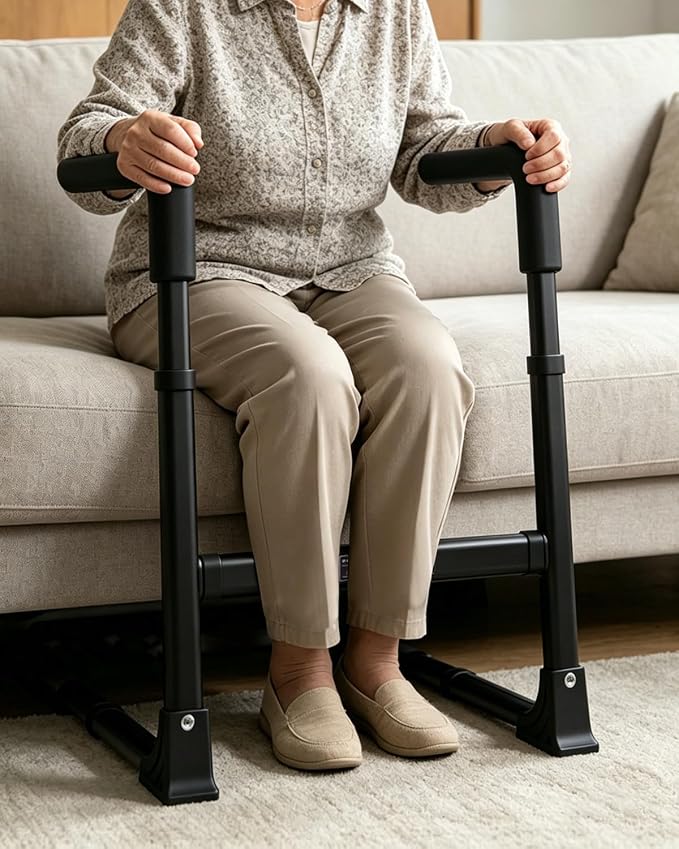 Couch Stand Assist for Elderly Seniors, Adjustable Height & Width, Black | Non-slip handles for secure grip. Supports 400 lbs. Heavy duty frame. Use on couch, chair & low seats.