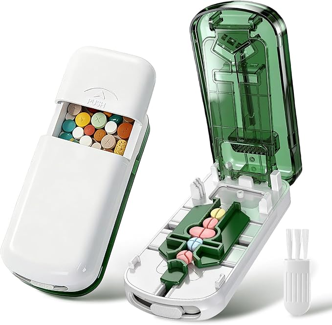 Professional Pill Cutter for Small Pills, 3-in-1 Pill Cutter Splitter for Small or Large Pills-Safely Cuts 1/2, 1/3, and 1/4 Multiple Pills Splitter, Adjustable Pill Cutter (Green White)