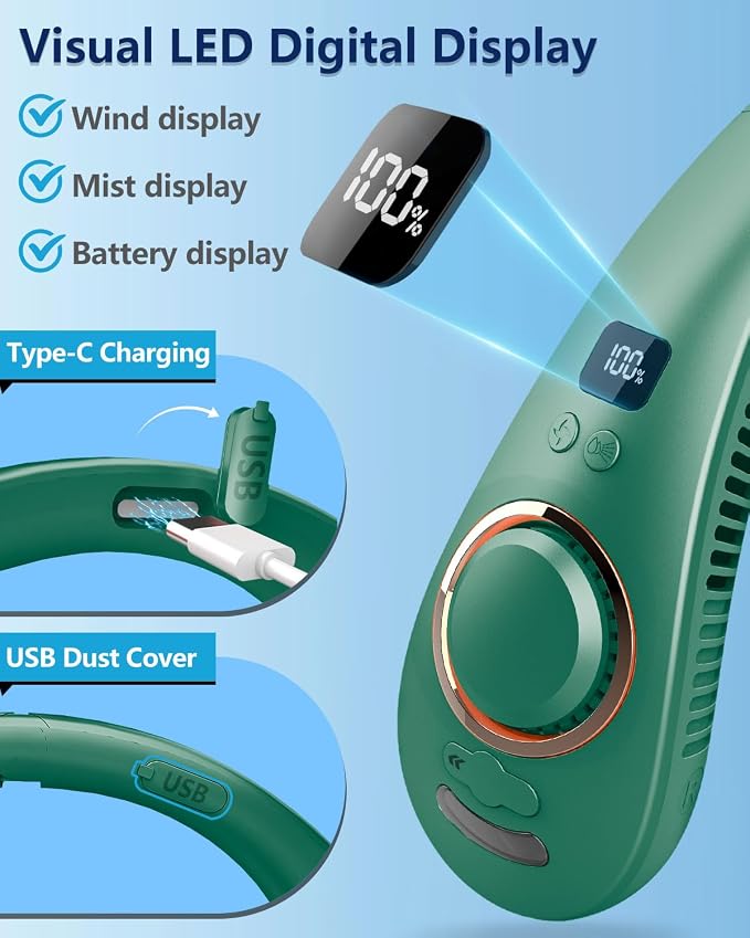 Misting Neck Fan that Blows Cold Air, USB-C Recargable 4-9H Long Life, 360° Airflow Lightweight without Blades, Mini Personal LED Cooling Device for Kid Adults Outdoor Travelling Office Home, Green