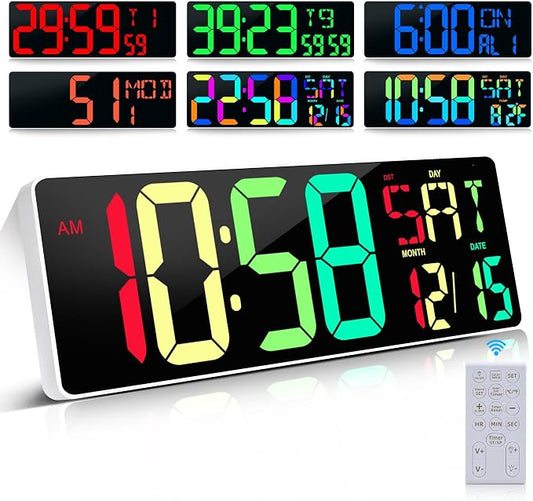17.2" Large Digital Wall Clock 10 RGB Colors 9 Group Timer Remote Control | Large Display for Living Room Classroom Garage LED Wall Clock with Temperature Date Week Auto DST Gift for Senior Mom Dad