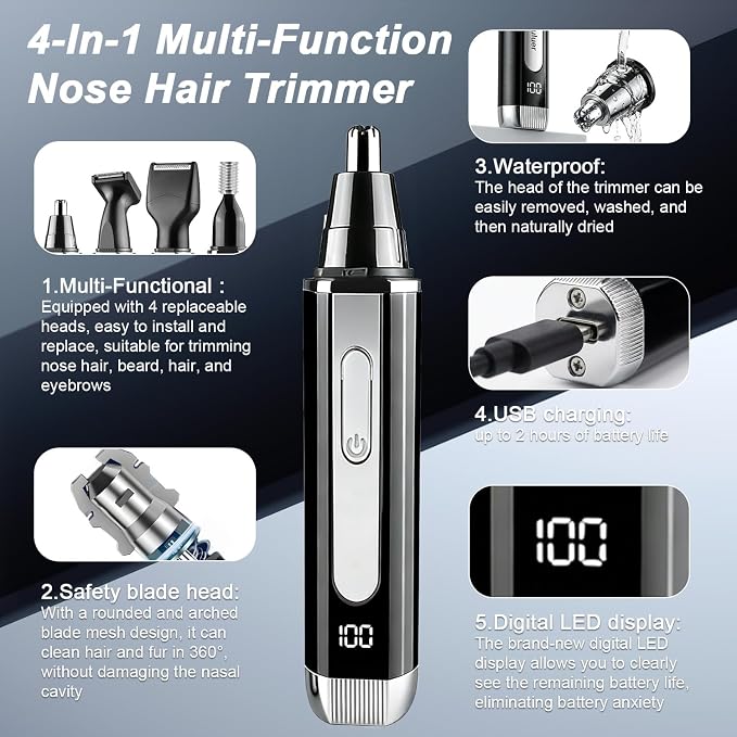 Ear and Nose Hair Trimmer for Men: 2026 New Rechargeable 4-in-1 Ear, Nose, Eyebrow & Beard Trimmers 8500 RPM, LED Indicator & Waterproof Dual Edge Blades (Black)