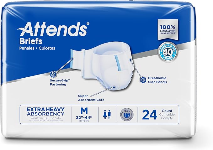 Attends Adult Incontinence Disposable Briefs, Medium, 32"-44" Waist with SecureGrip Tab Closure, Extra Heavy Absorbency with Super Absorbent Core and Breathable Side Panels, 24ct Bag