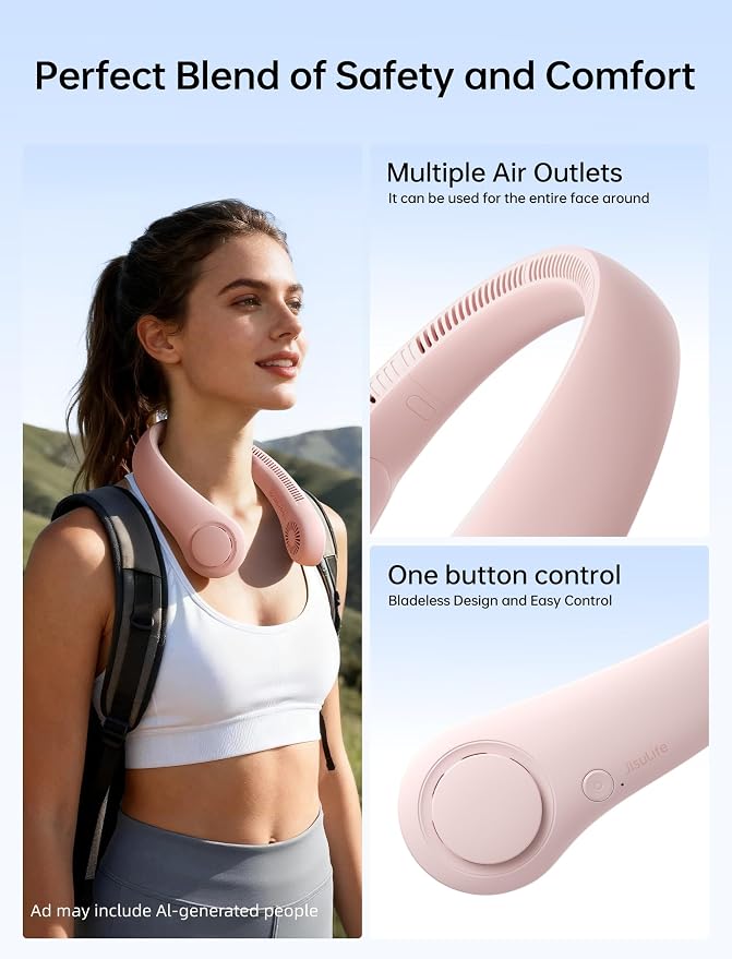 JISULIFE Portable Neck Fan, Hands-Free Bladeless, 5 Speeds, 4000 mAh | Battery Operated Wearable Personal Fan, Twistable, Rechargeable Travel Essentials, Gifts for Women Men-Pink