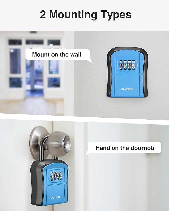 Puroma Key Lock Box Outdoor 4 Digit Code Combination Lockbox House, 1 Blue | For Contractors Guest Realtor Storage Keys, Portable, Home Wall Mount, Resettable, Combination, Weatherproof, High-capacity