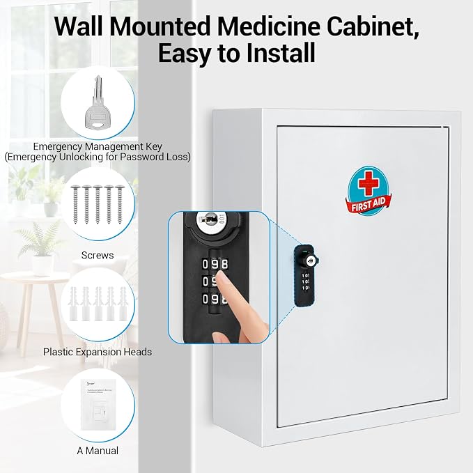 Locking Medicine Cabinet with Combination Lock and Safety Key | Rust-resistant galvanized steel, wall mounted first aid storage for bathroom, home, office and school