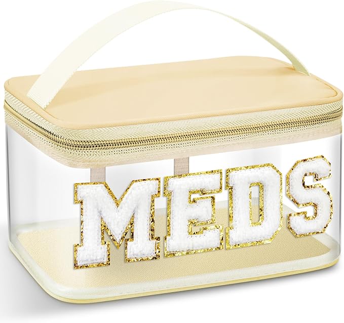 Geetery Chenille Letter Bag, Meds Bag, Large Medication Travel Cases, Nylon Beige Makeup Portable Pouch, Cheerleader Gifts for Women(Beige, Meds)