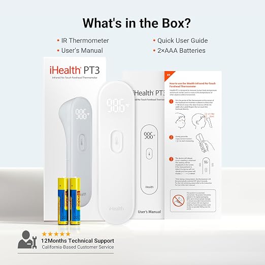 iHealth No-Touch Forehead Thermometer for Adults, Kids, Babies PT3 | 1s Fast Accurate, 3 Ultra-Sensitive Sensors, Quiet Vibration Feedback, Digital Large LED Digits, Use for Home & Nurses
