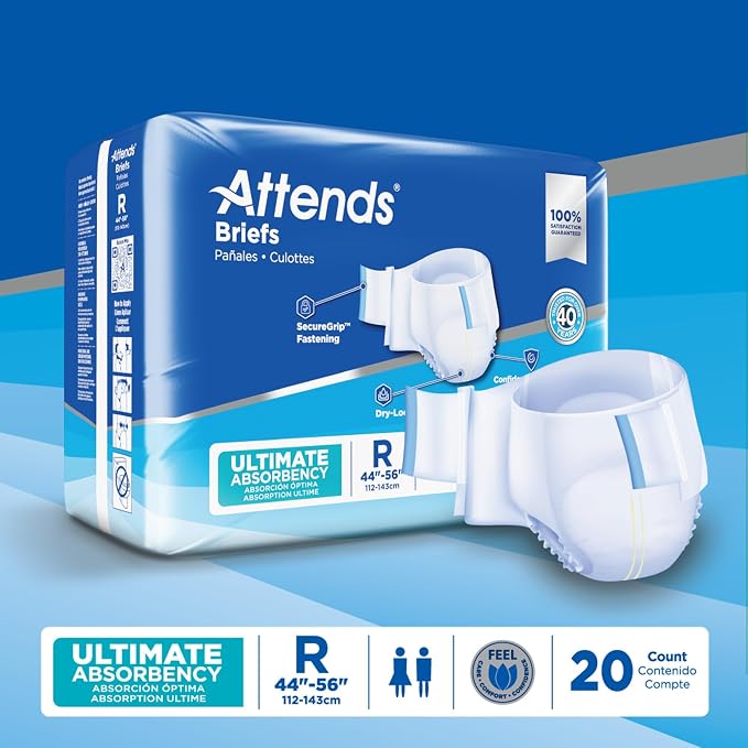 Attends Confidence® Adult Unisex Disposable SmartCool® Briefs, Regular, 44"-56" Waist, SecureGrip Tab Closure, Ultimate Absorbency, Breathable Materials, 80ct Case
