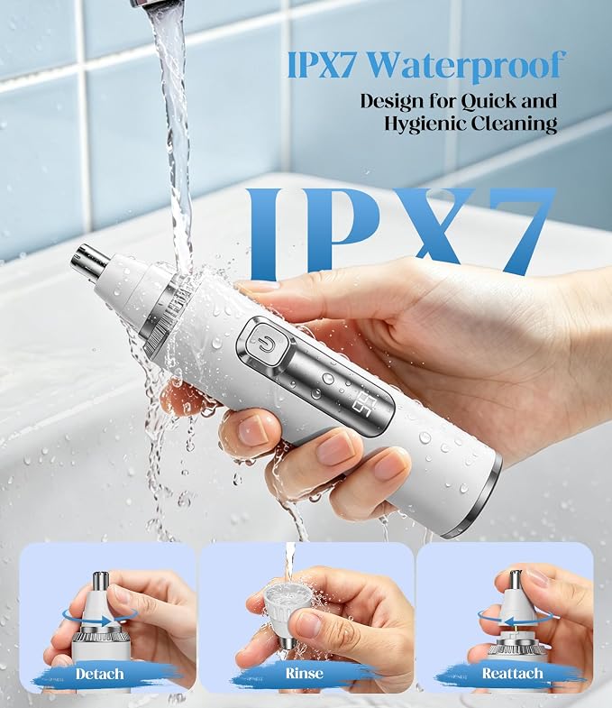 Nose Hair Trimmer for Women, 3-in-1 Painless & Gentle Trimmer for Nose, Eyebrows & Facial Hair, Type-C Rechargeable Precision Groomer with Double-Edged Blades, IPX7 Waterproof - White