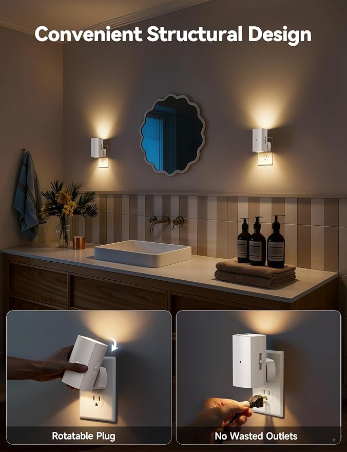 Brightown 2 Pack Black Night Lights with Rotating Plug, Soft White | Modern Night Light with Rotating Plug, Dusk to Dawn Sensor, 0-100LM Stepless Dimming Night Light for Hallway Bedroom Bathroom