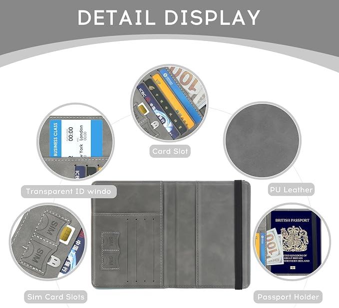 ILIYAH-Passport Cover-Passport Holder Travel Wallet-RFID Blocking Passport Case Travel Accessories Card Holder Wallet Unisex Travel Gifts (Grey)