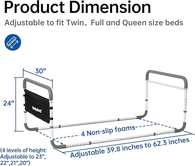 Dual Bed Side Hand Rail, Bed Assist Rail Adjustable Medical Hospital Assistive Devices Bed Rails for Elderly Adults, Fits Queen, Full & Twin Beds