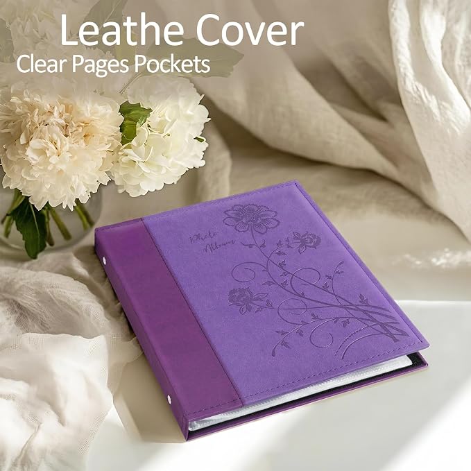 Photo Album 8x10 2 Packs Clear Pages Pockets Leathe Cover Slip Slide in Photo Album Each Holds 100 Vertical 8x10 Photos Picture Book for Wedding Family (Purple)