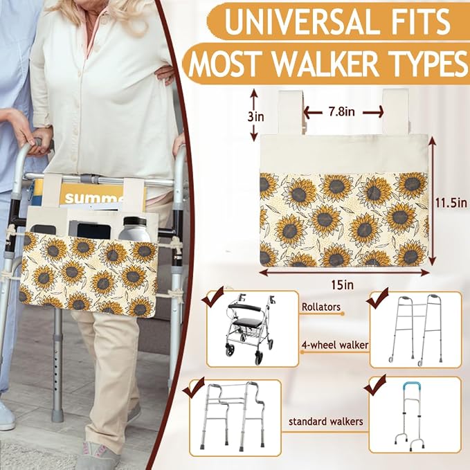 Walker Bag, Washable Walker Accessories Storage Bags with Cup Holder, Handy Walker Basket Pouch Tote Bag for Folding Walker, Wheelchairs, Strollers (Yellow Sunflower)