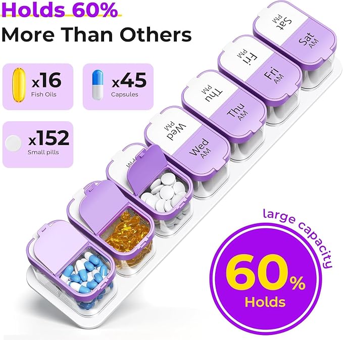 Odaro Extra Large Weekly Pill Organizer, XL Pill Box 7 Day Am Pm, Jumbo Medicine Organizer 2 Times A Day to Hold Daily Medicine Vitamin and Supplements - Purple