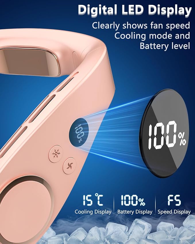 FWV Neck Fan with Cooling Plate, Whisper Quiet 30dB, 5500mAh Up to 24H, Hands-Free USB-C Headphone Fans, LED for Battery&Speed, Bladeless Portable Neck Coolers for Hot Weather Outside Sports Pink