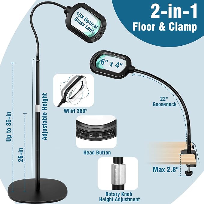 Large Magnifying Glass with Light and Stand, 15X Rectangle Optical Real Glass Lens, Height Adjustable Gooseneck Magnifier Floor Lamp, 5 Color Modes LED Dimmable Lighted Hands Free for Close Work Craft