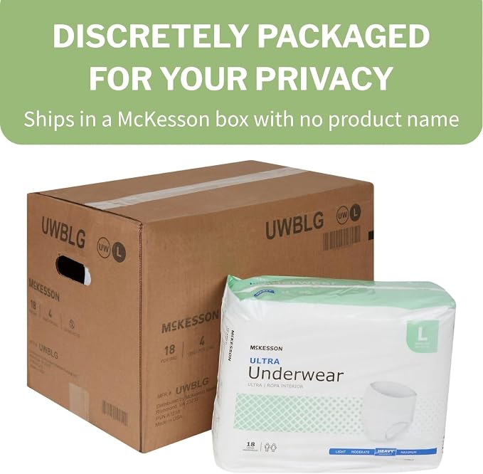 McKesson Ultra Adult Incontinence Underwear, [18 Count], Heavy Absorbency, Large, 44-58 in. Unisex Bladder Leak Protection, Pull-On Style with Tear-Away Sides, Postpartum and Incontinence Support