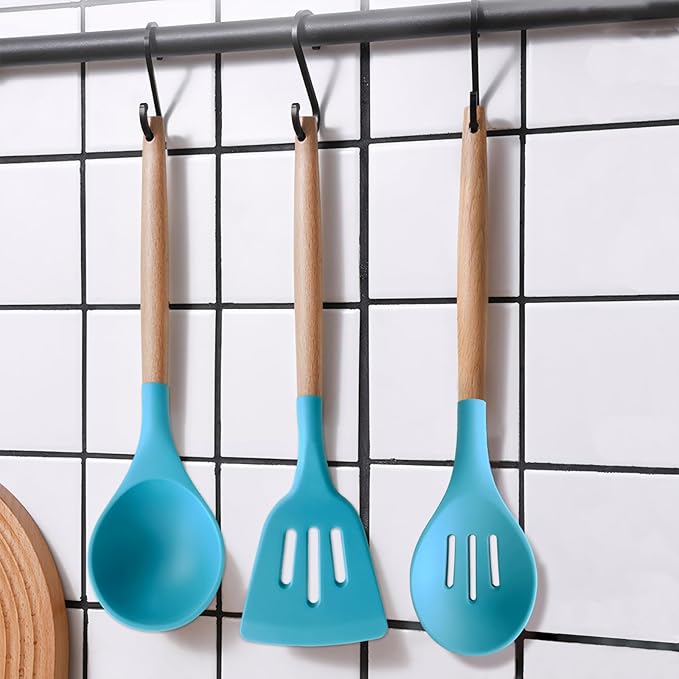 Silicone Kitchen Cooking Utensils Set, 5-Piece Non-Stick Silicone Kitchen Utensils Spatula Serving Spoons Turner Ladle Set w Wooden Handle Heat Resistant Cooking Gadgets for Nonstick Cookware