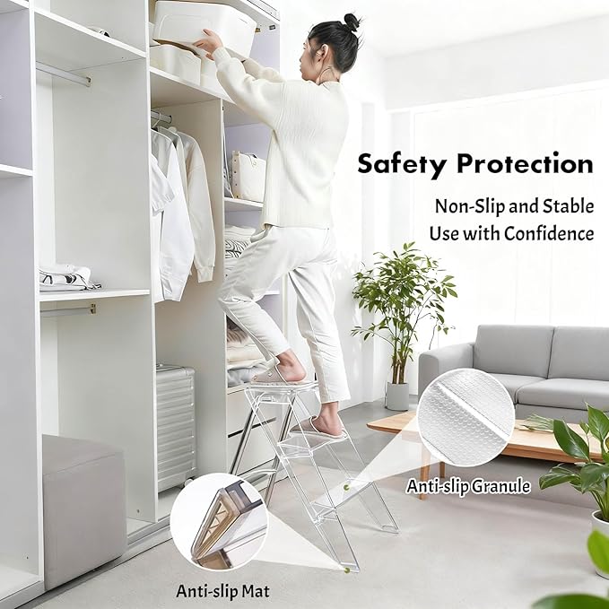 Acrylic 3 Step Ladder Folding Step Stool for Adults Foldable Small Step Stool Ladder for Kitchen Plastic Stepladder Modern Collapsible Ladder for Closet Home Bathroom Indoor (Transparent)