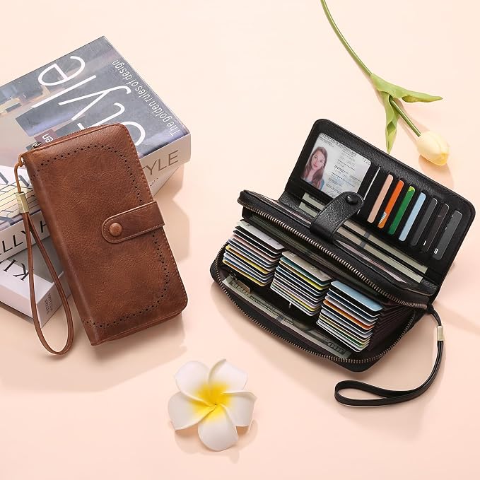 GAEKEAO Leather Credit Card Holder Wallet for Women RFID Blocking Large Capacity Bifold Zipper Card Case Organizer with Wristlet 45 Slots