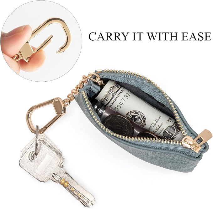 Full Grain Leather Coin Purse with Key Chain - Small Change Purse Keychain Card Holder Keychain Pouch Small Keychain Wallet for Women and Men (Powder Blue)