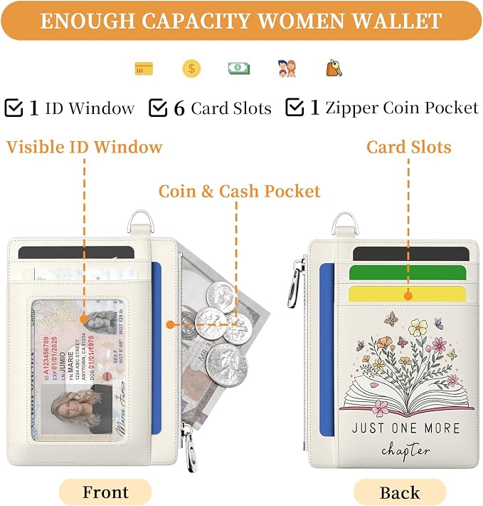 Hancynir Book Floral Slim Wallet Women Credit Card Holder, Wristlet RFID | Cute Keychain Lanyard Wallet, Travel Zipper Coin Pocket, Ladies Gifts Women, Minimalist Card Case, 6 Card Slot, PU Leather