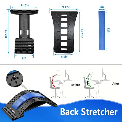 Back Stretcher - 4-Level Adjustable Lumbar Support Board & Back Cracker for Lower Back Pain Relief, Home Office Use (Blue)