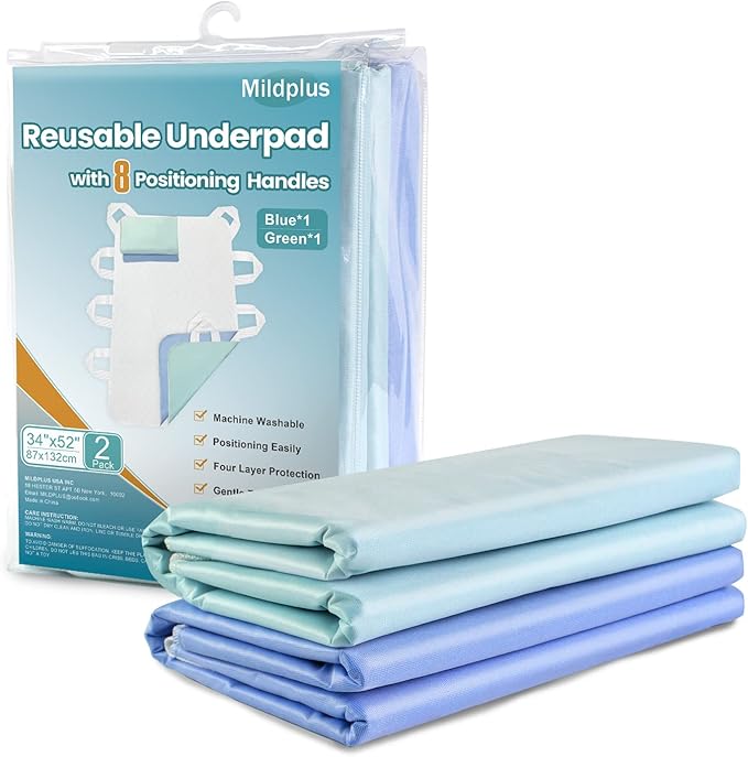 Washable Bed Pads with 8 Sturdy Handles 34”×52” Extra Large Reusable Underpads 4-Layers Leakproof Chucks Pads Washable for Incontinence (2 Pack)