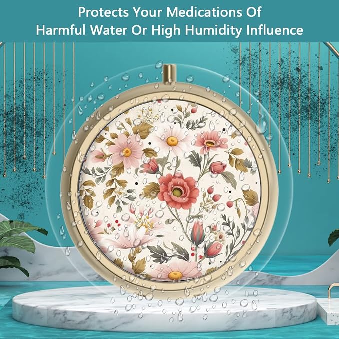 Pill Organizer Pill Box with Mirror Retro Small Pill Case for Purse or Pocket Bronze Pill Box or Vitamins, Fish Oil, Supplements, Pill Containe Travel Gifts（2PCS-Retro Red Flowers）