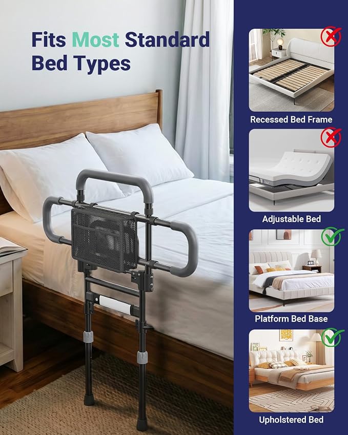 Bed Rails for Elderly Adults Safety, 180° Foldable Bed Rail with Adjustable Height & Width, 350lb Load, Extra-High Design, Wide Base, LED Light & Storage Pockets – Fits King/Queen/Full/Twin Beds